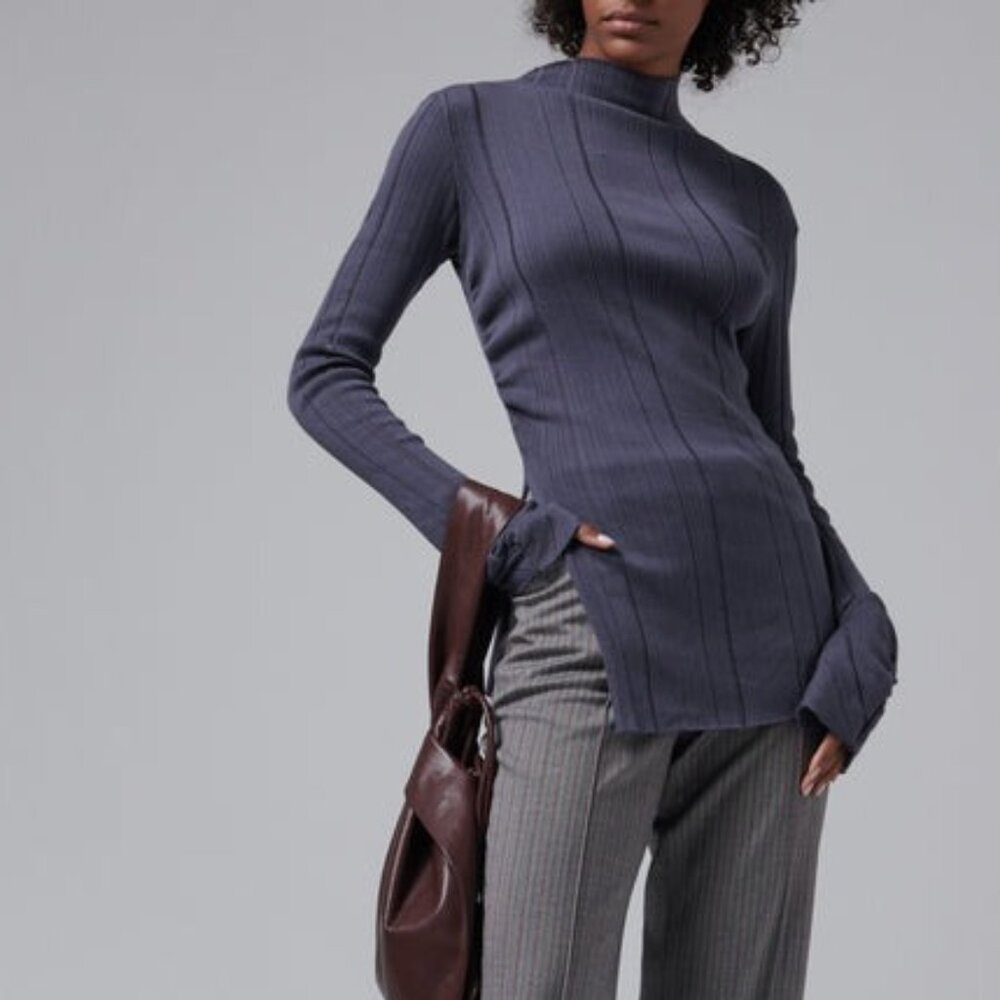 New Jade Cropper Long Sleeve Top With Slit in Storm Grey purple knit sweater